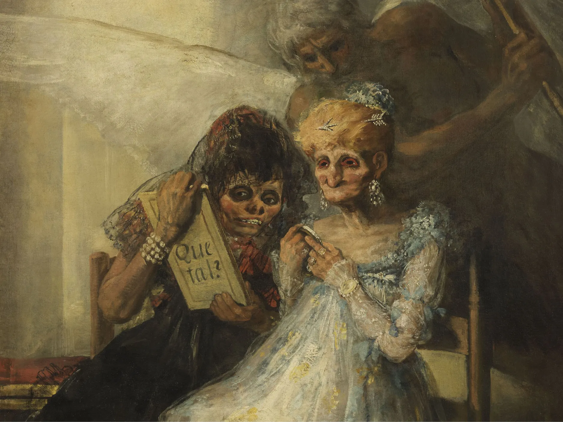 Romantična slika dveh starejših žensk, za njima je angel